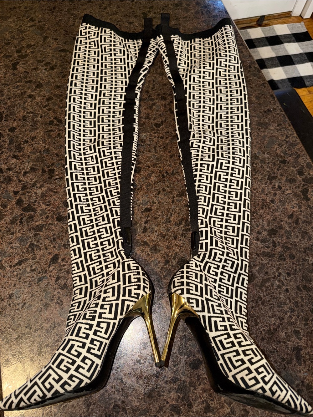 Balmain Paris Monogram Thigh‑High Gold Heel Boots – Black/White Jacquard – 37